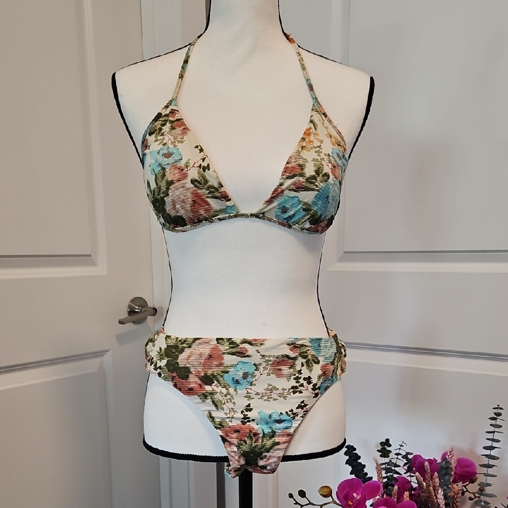 Floral Reversible Bikini Set - Green, Peach & Blue